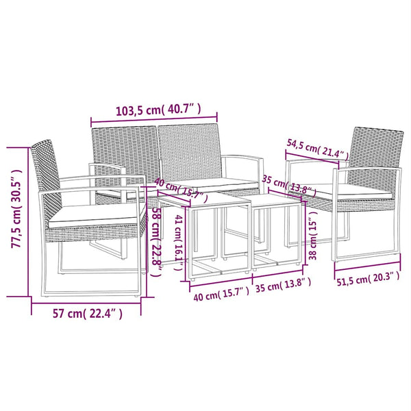 5-tlg. Garten Essgruppe Braun PP-Rattan mit Kissen