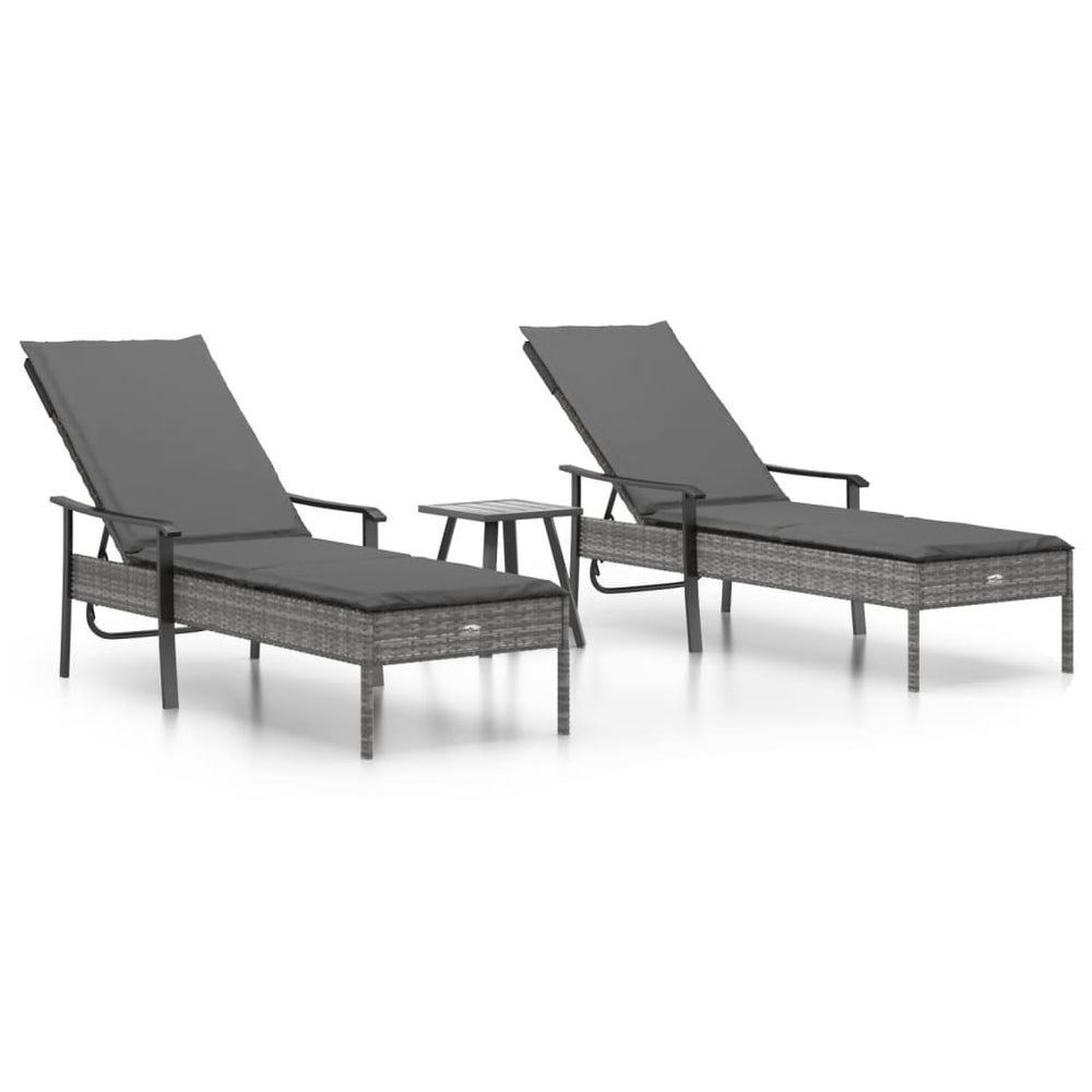 vidaXL Bains de soleil 2 pcs avec table et coussins Résine tressée Gris