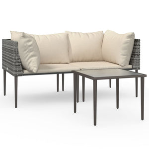 3-tlg. Garten-Lounge-Set mit Kissen Grau Poly Rattan