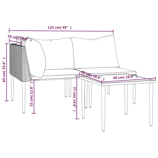 3-tlg. Garten-Lounge-Set mit Kissen Grau Poly Rattan
