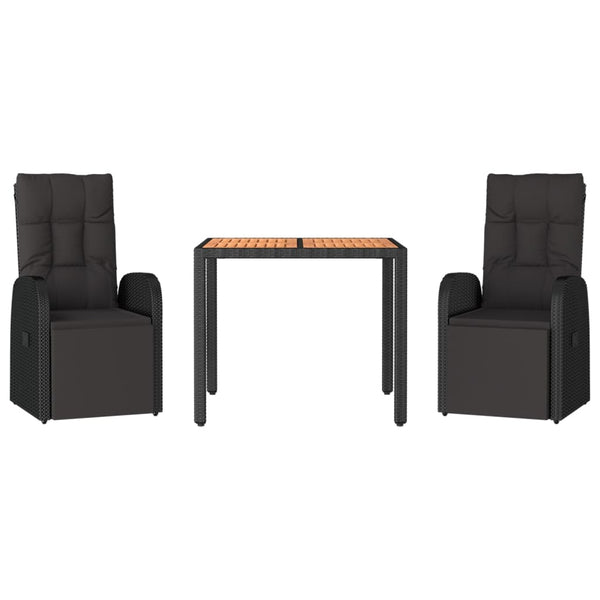 3-tlg. Garten-Essgruppe Schwarz Poly Rattan & Massivholz Akazie