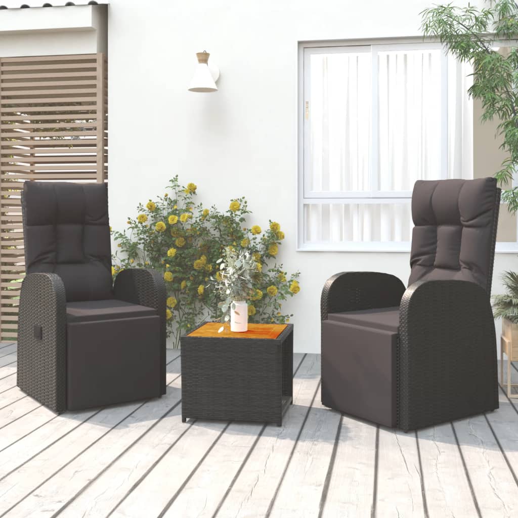 vidaXL Salon de jardin 3 pcs Résine tressée noire et bois d'acacia massif