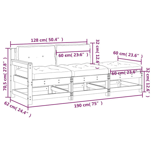 vidaXL Salon de jardin 3 pcs avec coussins Marron miel Bois massif