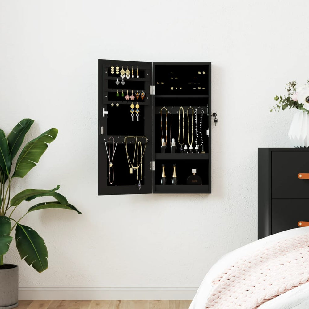 Schmuckschrank mit Spiegel zur Wandmontage, Schwarz