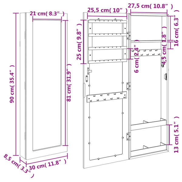 Schmuckschrank mit Spiegel zur Wandmontage, Weiß