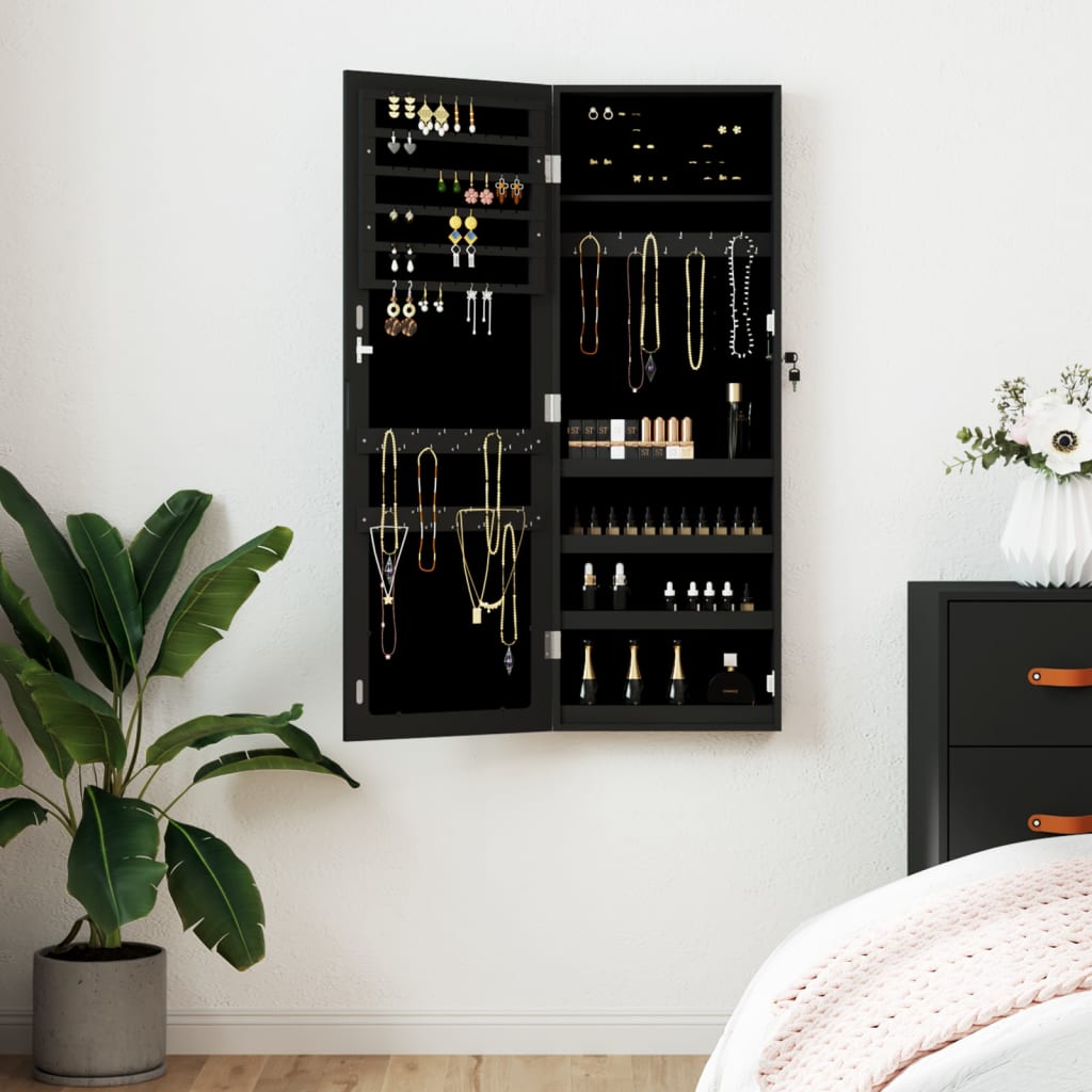 Schmuckschrank mit Spiegel zur Wandmontage, Schwarz