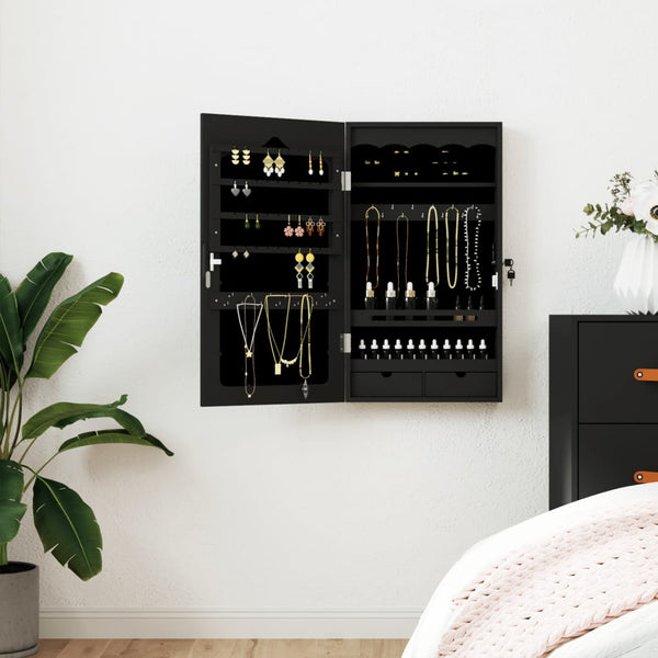 Schmuckschrank mit Spiegel zur Wandmontage, Schwarz