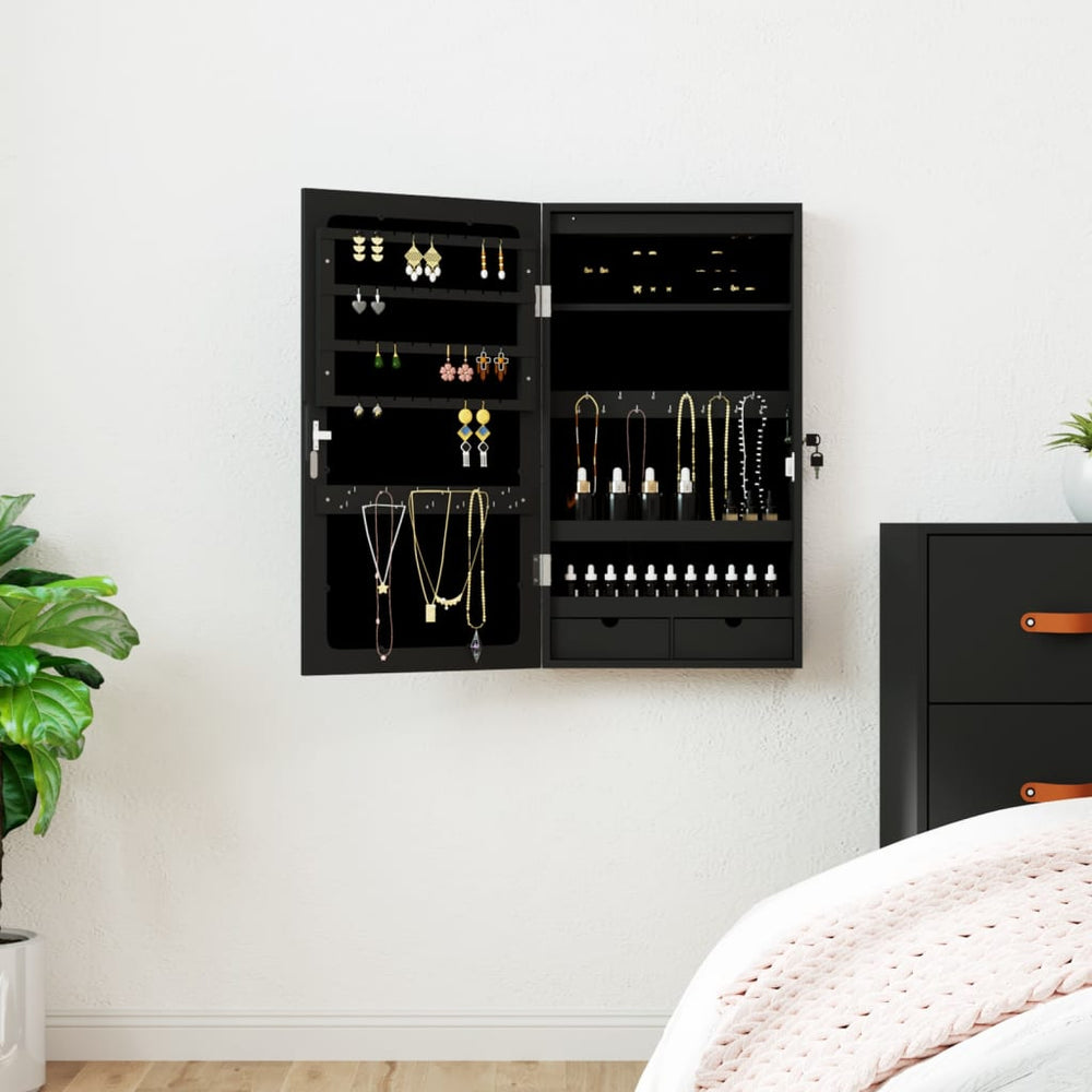 Spiegel-Schmuckschrank mit LED Wandmontage Schwarz