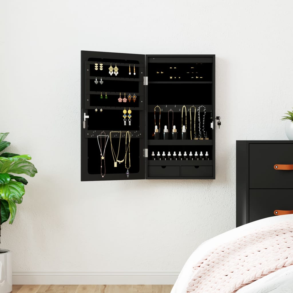 Spiegel-Schmuckschrank mit LED Wandmontage Schwarz