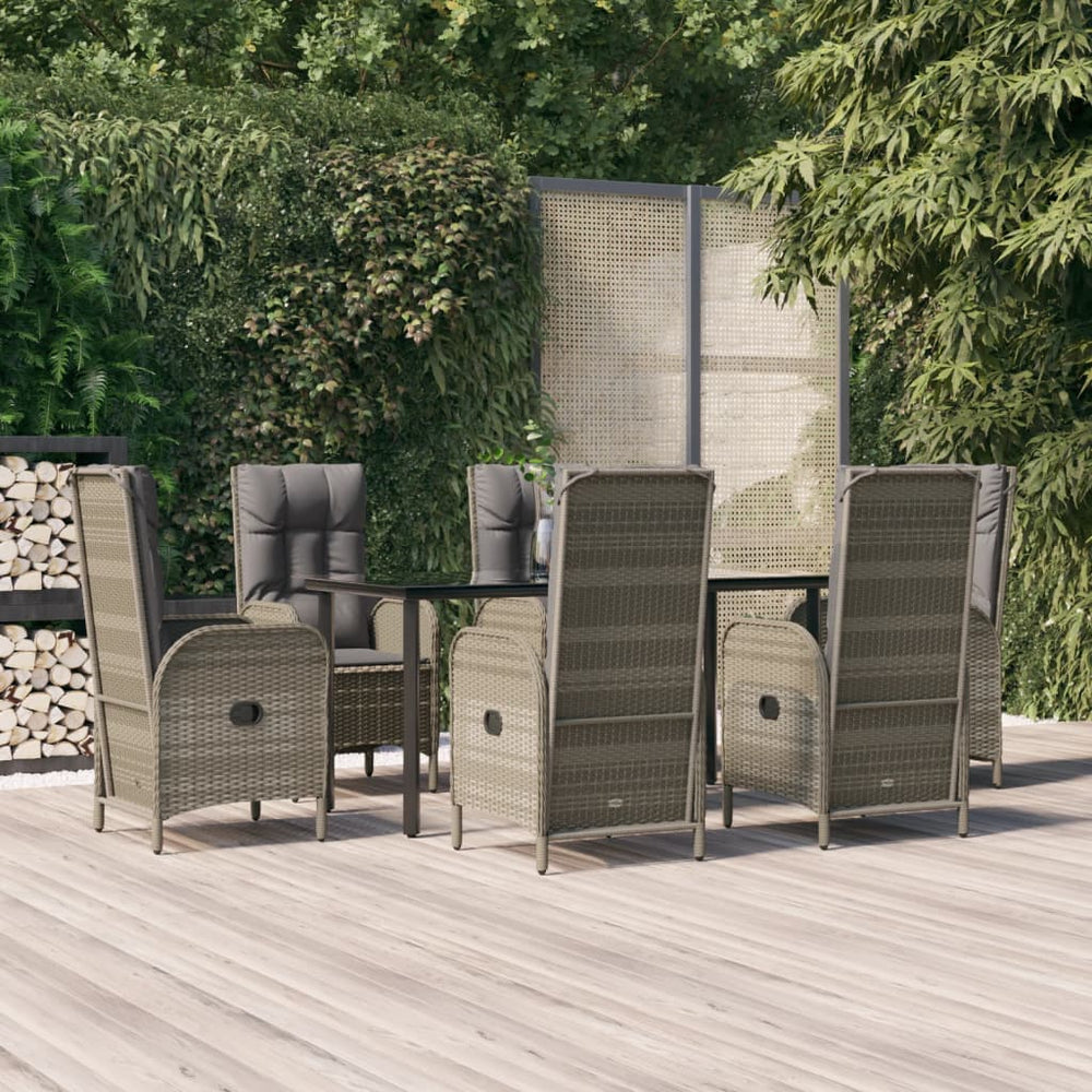 7-tlg. Garten-Essgruppe mit Kissen Schwarz und Grau Poly Rattan