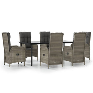 7-tlg. Garten-Essgruppe mit Kissen Schwarz und Grau Poly Rattan