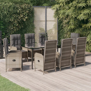 9-tlg. Garten-Essgruppe mit Kissen Schwarz und Grau Poly Rattan