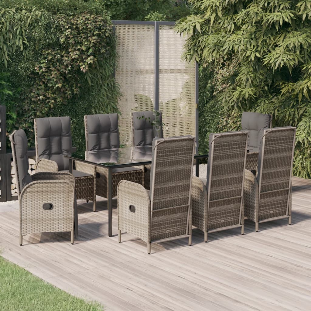 9-tlg. Garten-Essgruppe mit Kissen Schwarz und Grau Poly Rattan