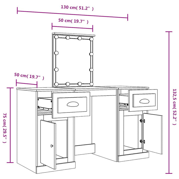 Schminktisch mit LED-Leuchten Braun Eichen-Optik 130x50x132,5cm