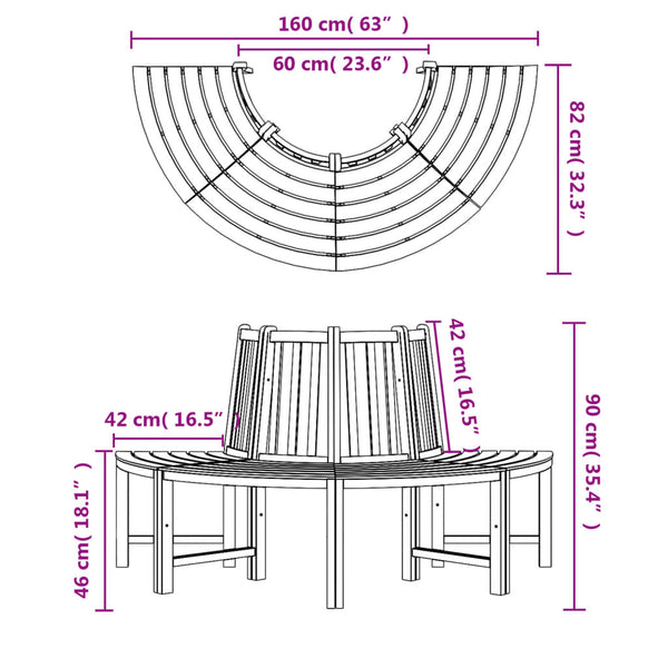 vidaXL Banc d'arbre semi-circulaire Ø 160 cm en teck massif