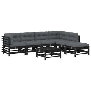 vidaXL Salon de jardin 7 pièces avec coussins Bois massif Noir