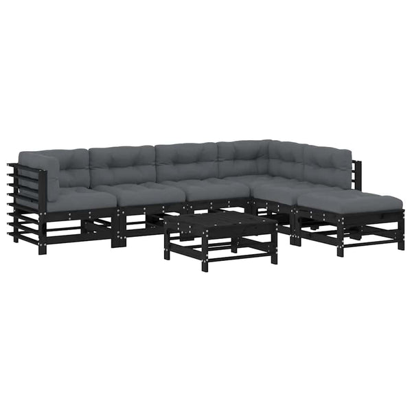 vidaXL Salon de jardin 7 pièces avec coussins Bois massif Noir