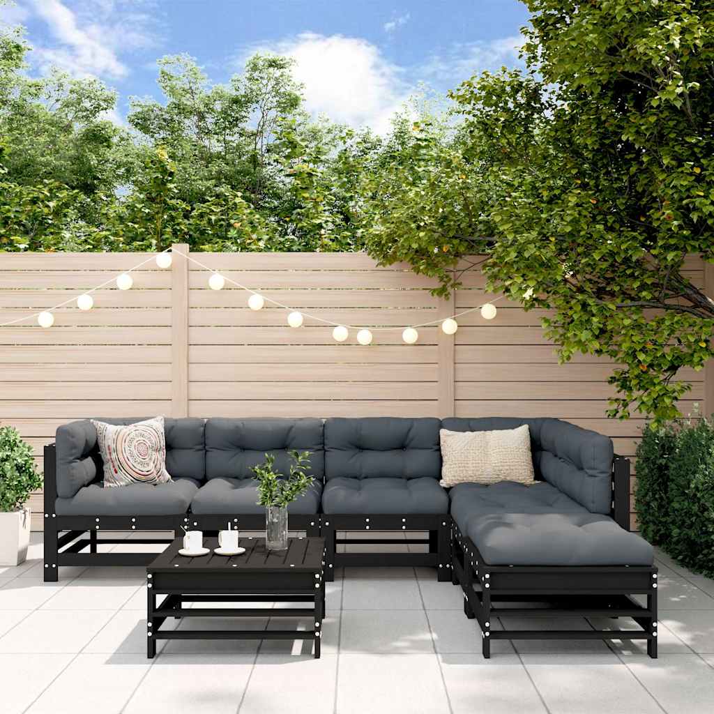 vidaXL Salon de jardin 7 pièces avec coussins Bois massif Noir