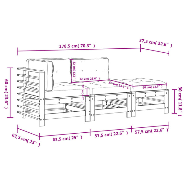 3-tlg. Garten-Lounge-Set mit Kissen Weiß Massivholz