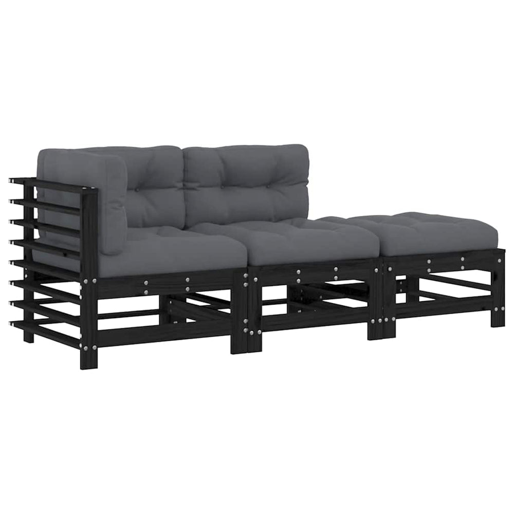 3-tlg. Garten-Lounge-Set mit Kissen Schwarz Massivholz