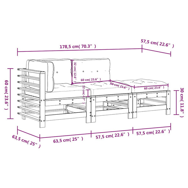 3-tlg. Garten-Lounge-Set mit Kissen Schwarz Massivholz