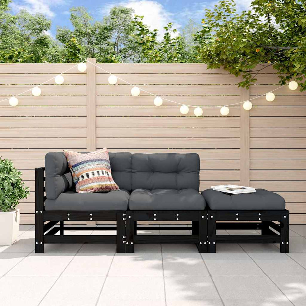 3-tlg. Garten-Lounge-Set mit Kissen Schwarz Massivholz
