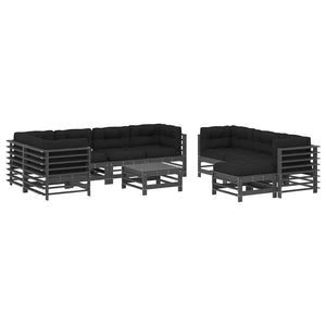 10-tlg. Garten-Lounge-Set mit Kissen Grau Massivholz