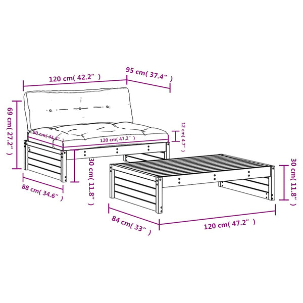 2-tlg. Garten-Lounge-Set mit Kissen Schwarz Massivholz