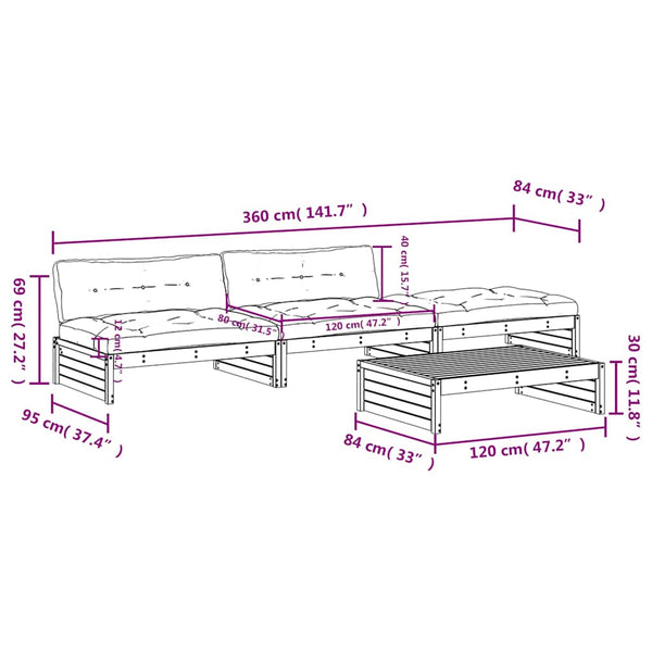 4-tlg. Garten-Lounge-Set mit Kissen Schwarz Massivholz