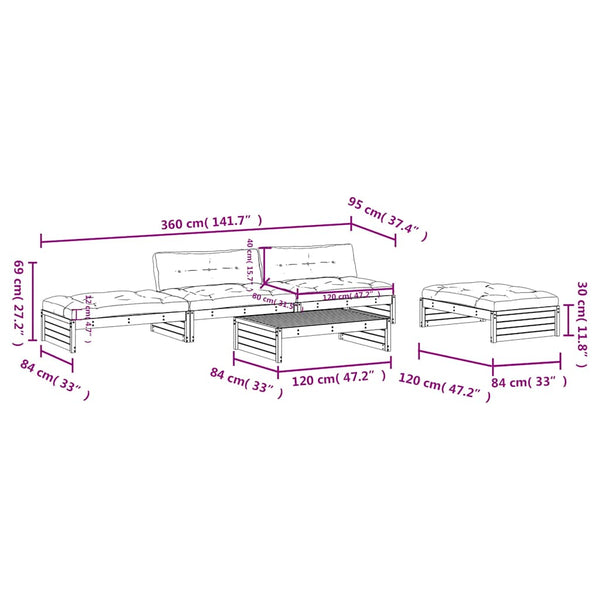 5-tlg. Garten-Lounge-Set mit Kissen Schwarz Massivholz