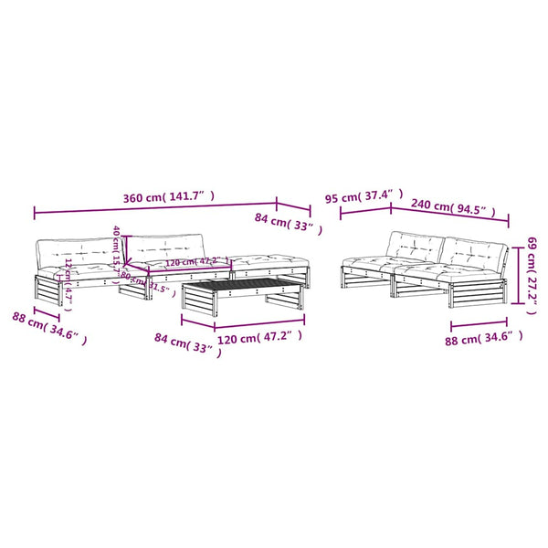 6-tlg. Garten-Lounge-Set mit Kissen Schwarz Massivholz