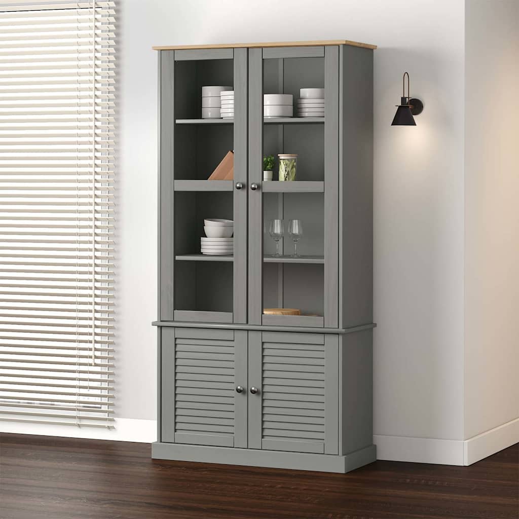 Graue Massivholz Vitrine 85x170 cm