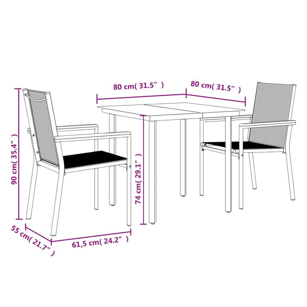 3-tlg. Garten-Essgruppe Schwarz Textilene und Stahl