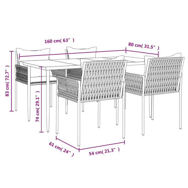 5-tlg. Garten-Essgruppe mit Kissen Poly Rattan und Stahl
