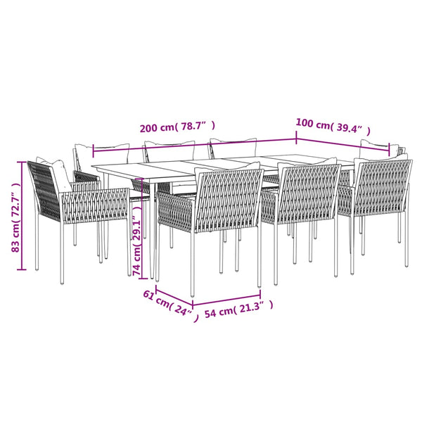9-tlg. Garten-Essgruppe mit Kissen Poly Rattan und Stahl