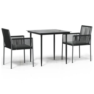 3-tlg. Garten-Essgruppe mit Kissen Schwarz Poly Rattan & Stahl