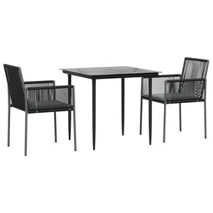 3-tlg. Garten-Essgruppe mit Kissen Schwarz Poly Rattan & Stahl