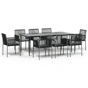 9-tlg. Garten-Essgruppe mit Kissen Schwarz Poly Rattan & Stahl