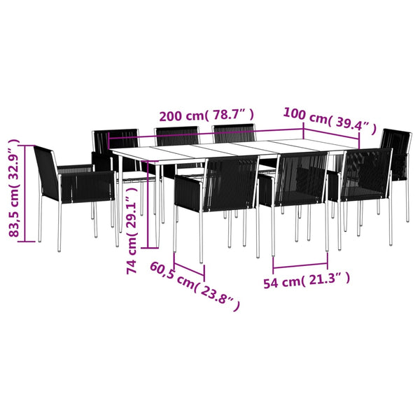 9-tlg. Garten-Essgruppe mit Kissen Schwarz Poly Rattan & Stahl