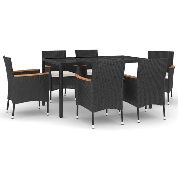 7-tlg. Garten-Essgruppe mit Kissen Schwarz Poly Rattan