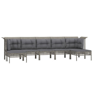 7-tlg. Garten-Lounge-Set mit Kissen Grau Poly Rattan