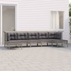7-tlg. Garten-Lounge-Set mit Kissen Grau Poly Rattan