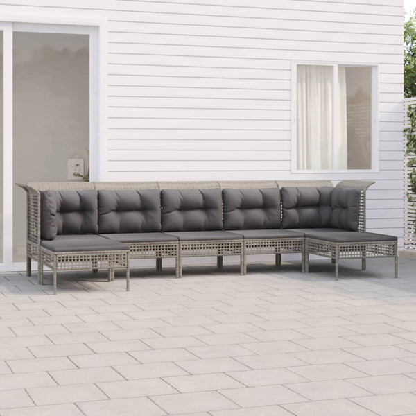7-tlg. Garten-Lounge-Set mit Kissen Grau Poly Rattan