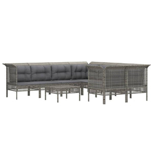 10-tlg. Garten-Lounge-Set mit Kissen Grau Poly Rattan