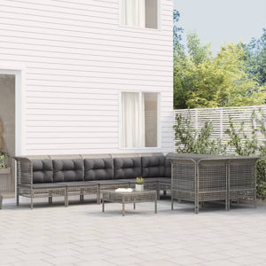 10-tlg. Garten-Lounge-Set mit Kissen Grau Poly Rattan