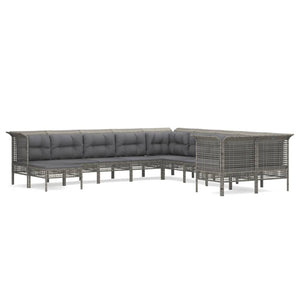 10-tlg. Garten-Lounge-Set mit Kissen Grau Poly Rattan
