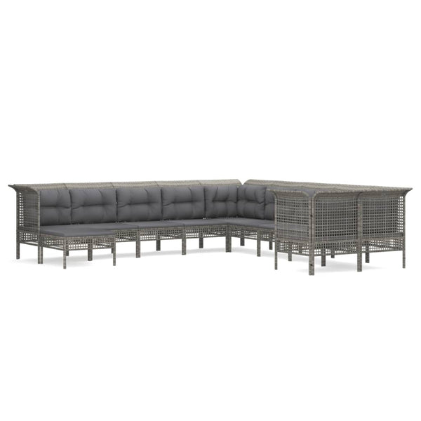 10-tlg. Garten-Lounge-Set mit Kissen Grau Poly Rattan
