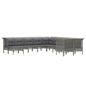 10-tlg. Garten-Lounge-Set mit Kissen Grau Poly Rattan