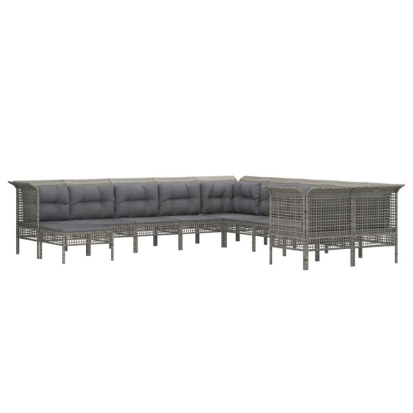 10-tlg. Garten-Lounge-Set mit Kissen Grau Poly Rattan