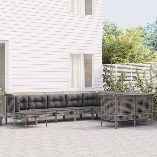 10-tlg. Garten-Lounge-Set mit Kissen Grau Poly Rattan